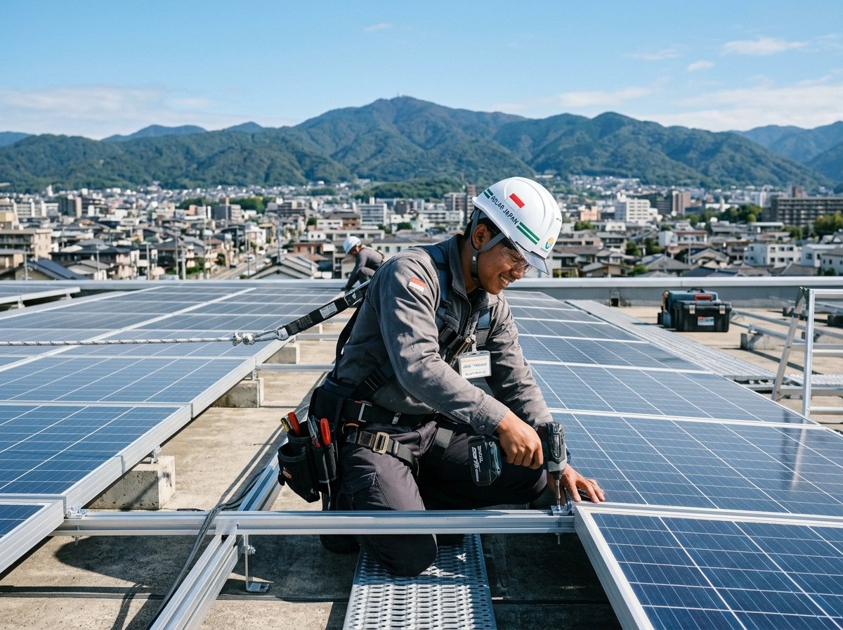 Teknisi pemasangan dan pemeliharaan panel surya di Jepang